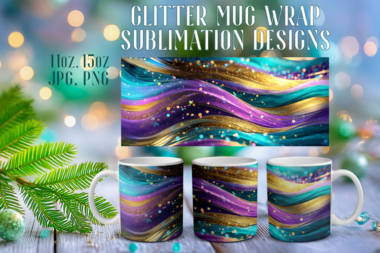 Glitter Mug Sublimation | Teal Gold Waves Design Cup Wrap