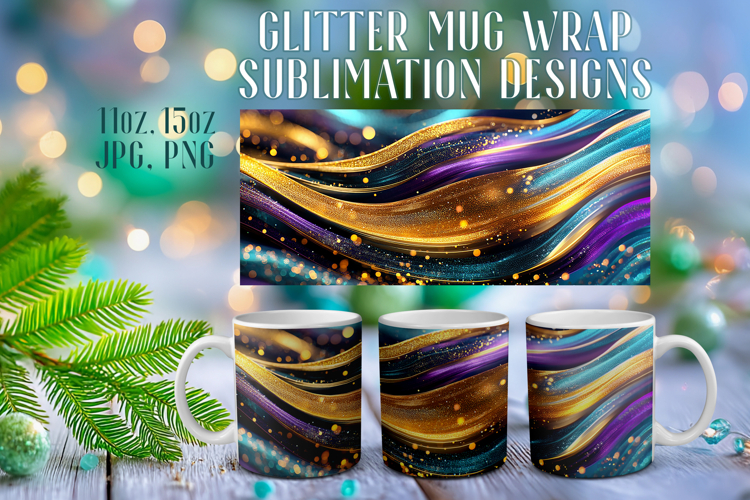 Glitter Mug Sublimation: Colorful Gold Waves Design Cup Wrap