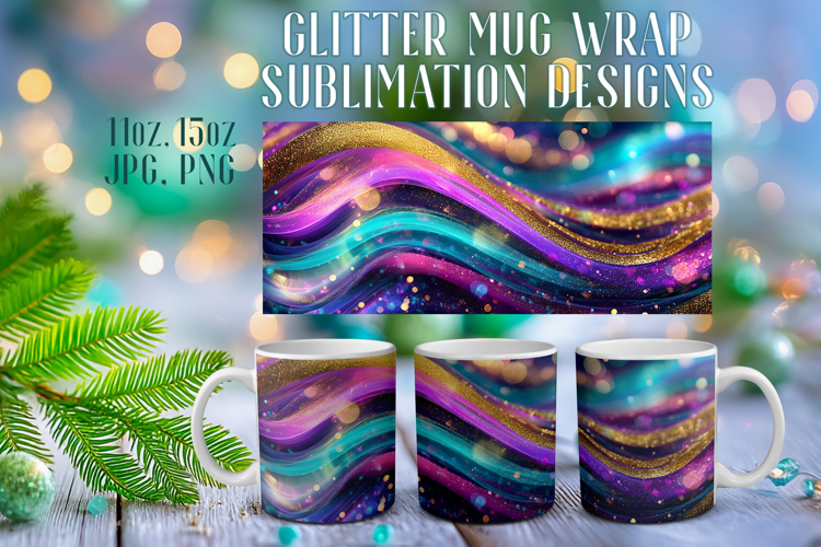 Glitter Mug Sublimation |Colorful Gold Waves Design Cup Wrap