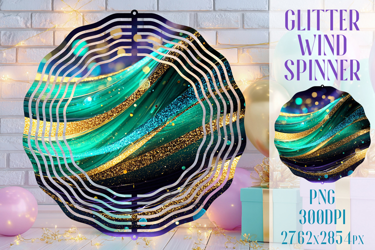 Glitter Wind Spinner Sublimation. Emerald Gold Waves Spinner