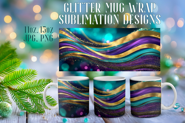Glitter Mug Sublimation | Teal Gold Waves Design Cup Wrap