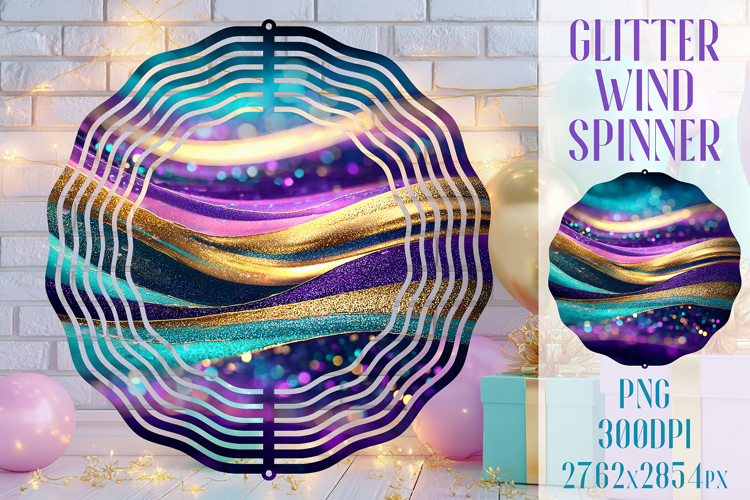 Glitter Wind Spinner Sublimation. Teal Violet Golden Waves