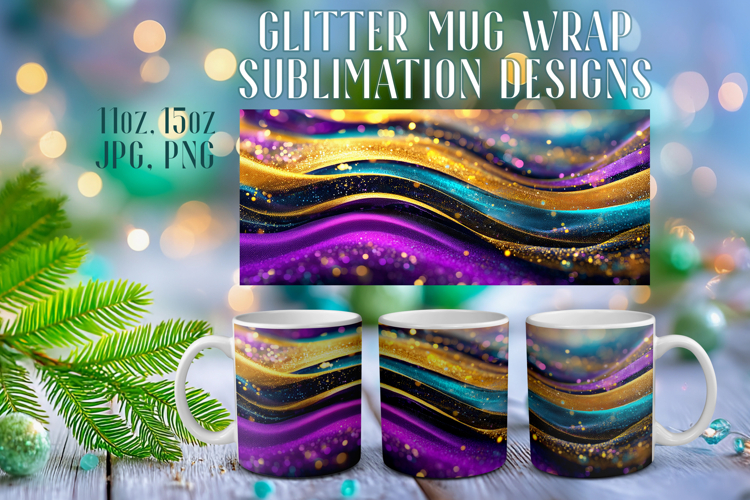 Glitter Mug Sublimation: Colorful Gold Waves Design Cup Wrap