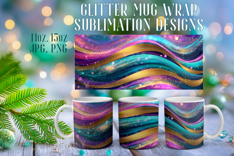 Glitter Mug Sublimation |Colorful Gold Waves Design Cup Wrap