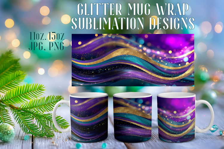 Glitter Mug Sublimation | Teal Gold Waves Design Cup Wrap