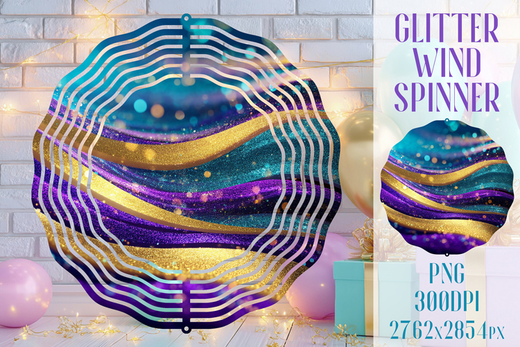 Glitter Wind Spinner Sublimation. Teal Violet Golden Waves example image 1