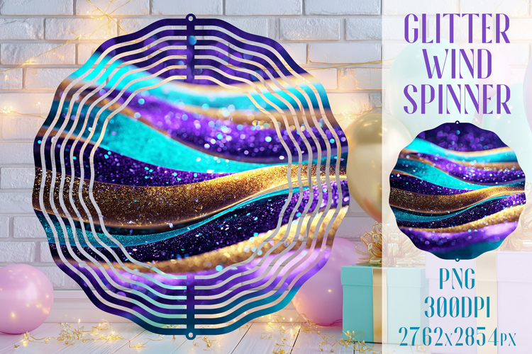 Glitter Wind Spinner Sublimation. Teal Violet Golden Waves