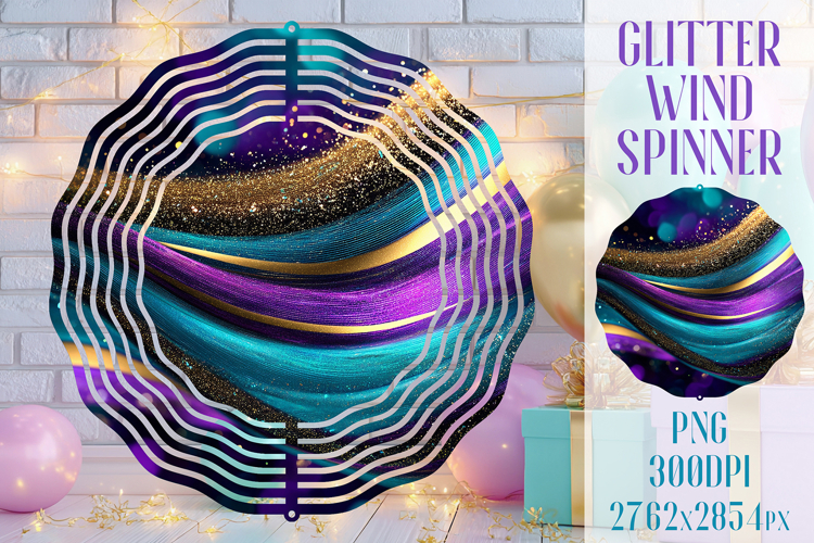 Glitter Wind Spinner Sublimation. Teal Violet Golden Waves