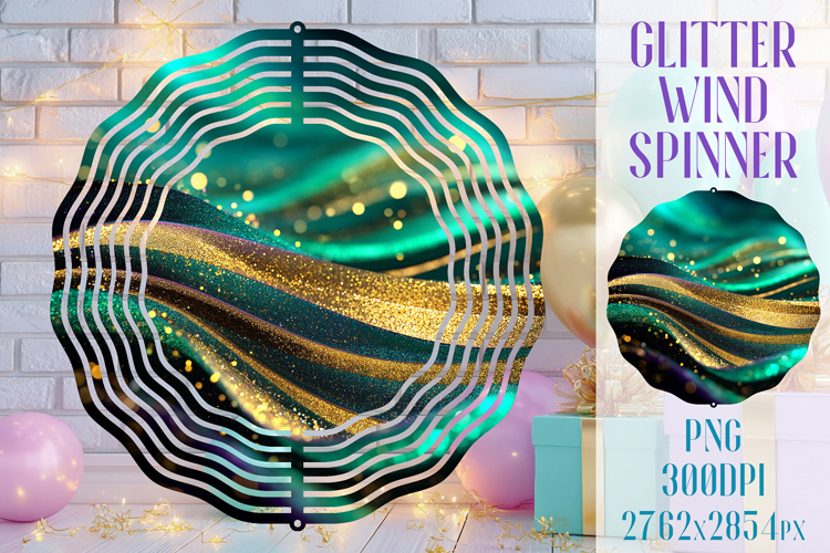 Glitter Wind Spinner Sublimation. Emerald Gold Waves Spinner