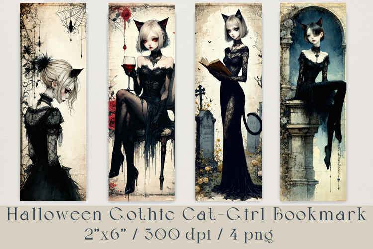 Gothic Cat Girl Bookmarks Set, 4 png