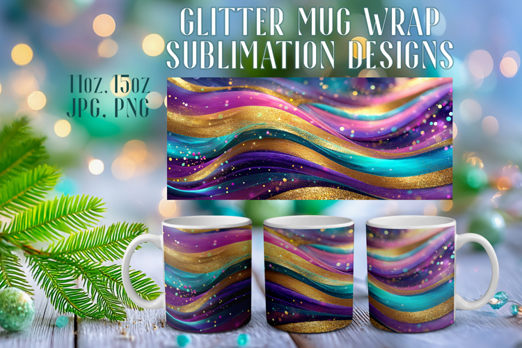 Glitter Mug Sublimation |Colorful Gold Waves Design Cup Wrap
