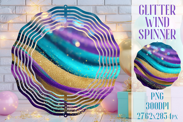 Glitter Wind Spinner Sublimation. Teal Violet Golden Waves example image 1