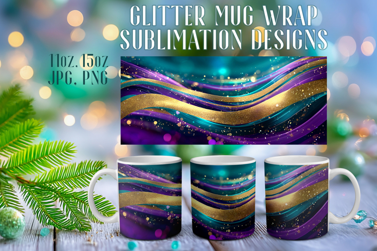 Glitter Mug Sublimation | Teal Gold Waves Design Cup Wrap