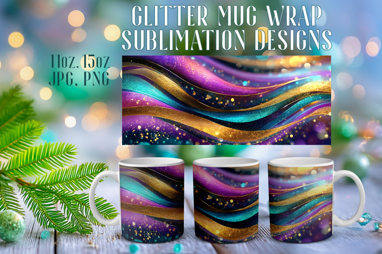 Glitter Mug Sublimation: Colorful Gold Waves Design Cup Wrap