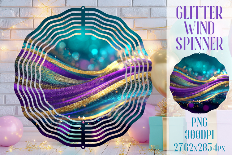 Glitter Wind Spinner Sublimation. Teal Violet Golden Waves