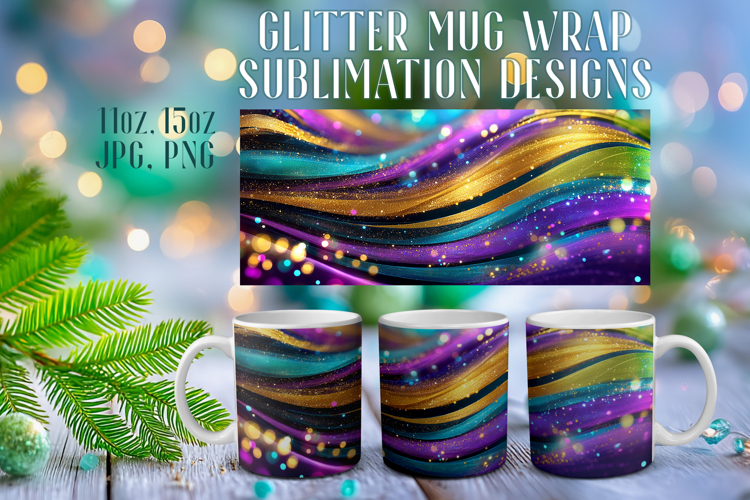 Glitter Mug Sublimation: Colorful Gold Waves Design Cup Wrap