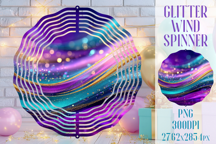 Glitter Wind Spinner Sublimation. Teal Violet Golden Waves example image 1