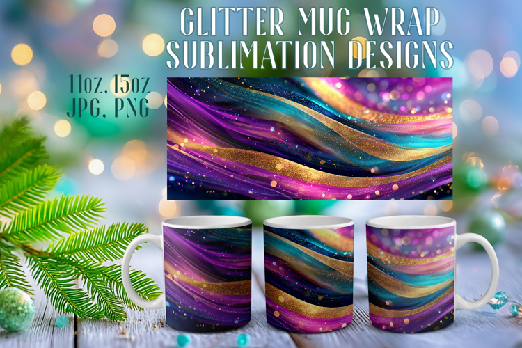 Glitter Mug Sublimation |Colorful Gold Waves Design Cup Wrap