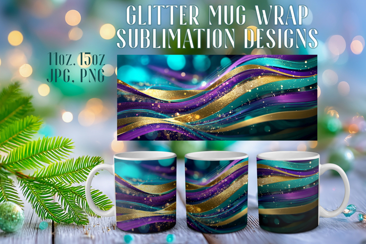 Glitter Mug Sublimation | Teal Gold Waves Design Cup Wrap
