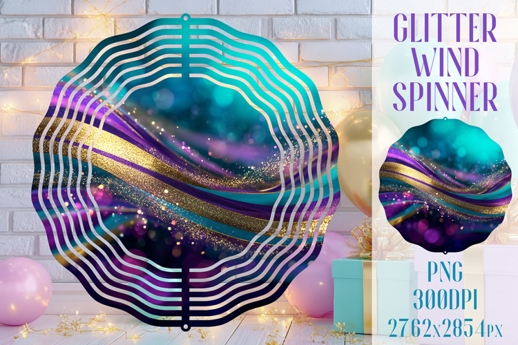 Glitter Wind Spinner Sublimation. Teal Violet Golden Waves
