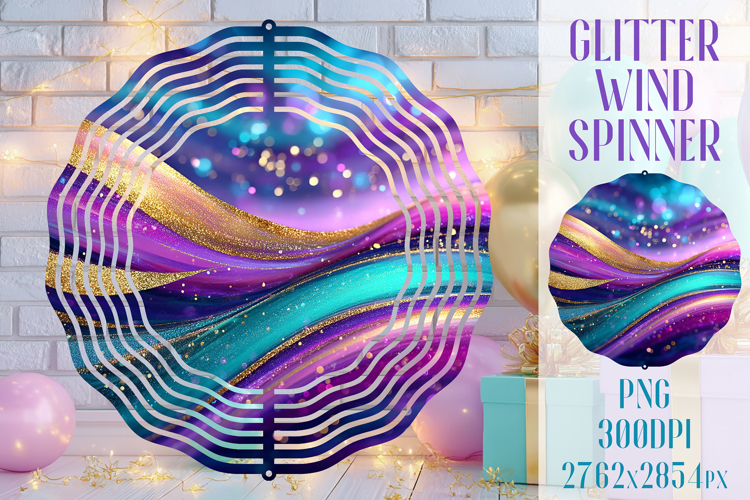Glitter Wind Spinner Sublimation. Teal Violet Golden Waves example image 1