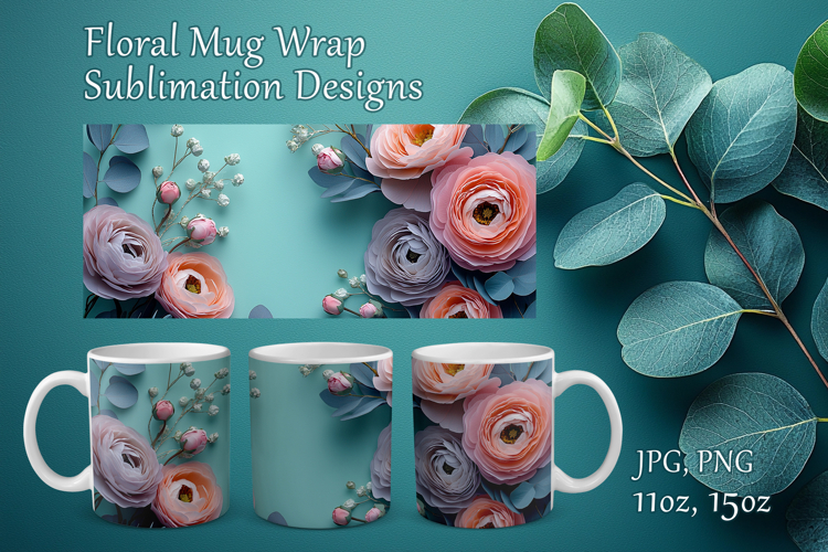 Floral Mug Design Sublimation, Paper Flowers Mug Cup Wrap