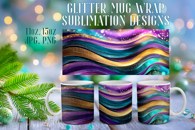 Glitter Mug Sublimation | Teal Gold Waves Design Cup Wrap