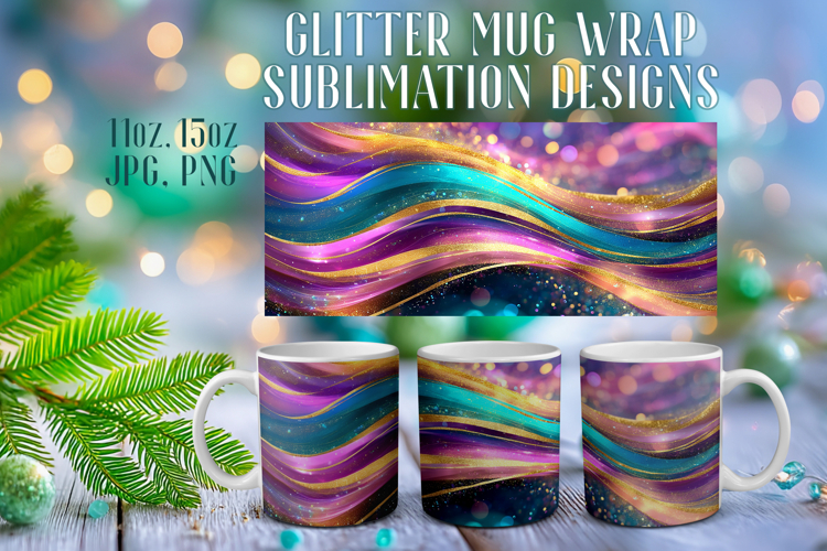Glitter Mug Sublimation |Colorful Gold Waves Design Cup Wrap