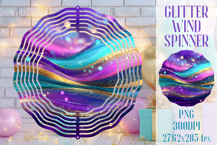 Glitter Wind Spinner Sublimation. Teal Violet Golden Waves example image 1