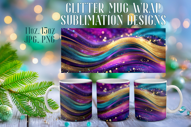Glitter Mug Sublimation |Colorful Gold Waves Design Cup Wrap