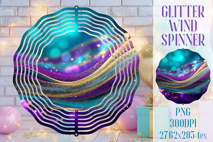 Glitter Wind Spinner Sublimation. Teal Violet Golden Waves