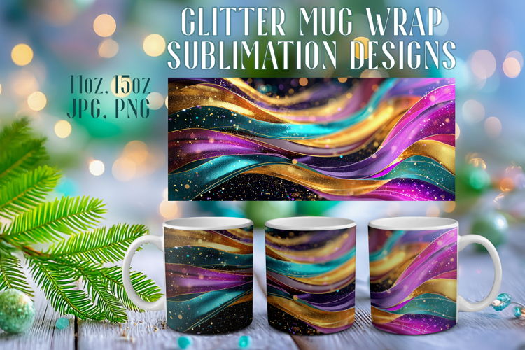 Glitter Mug Sublimation |Colorful Gold Waves Design Cup Wrap