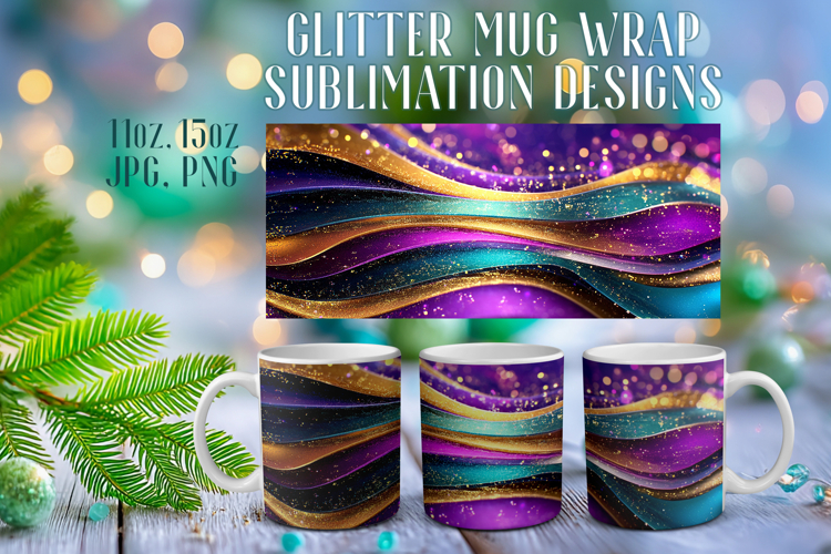 Glitter Mug Sublimation | Teal Gold Waves Design Cup Wrap