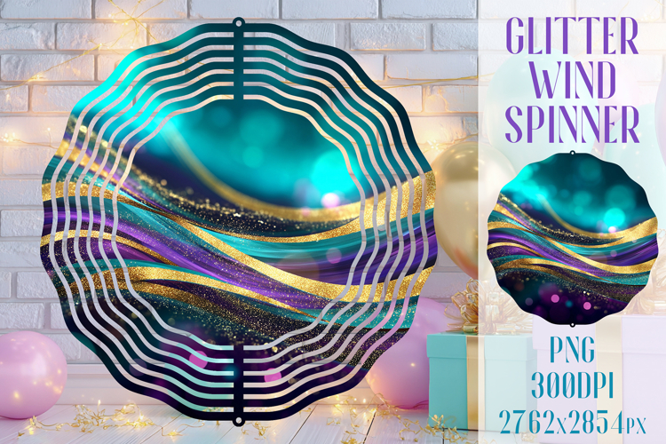Glitter Wind Spinner Sublimation. Teal Violet Golden Waves