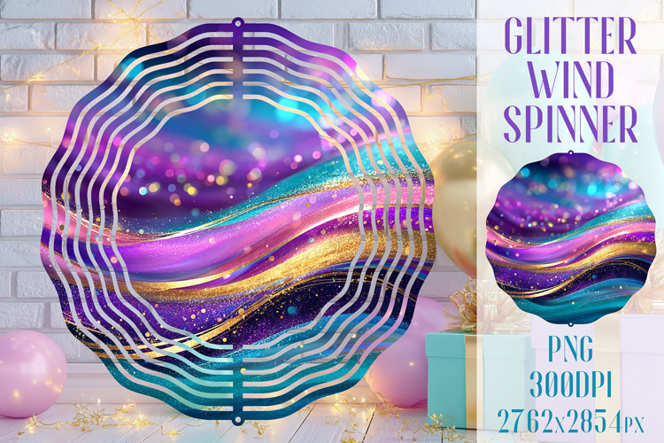Glitter Wind Spinner Sublimation. Teal Violet Golden Waves example image 1