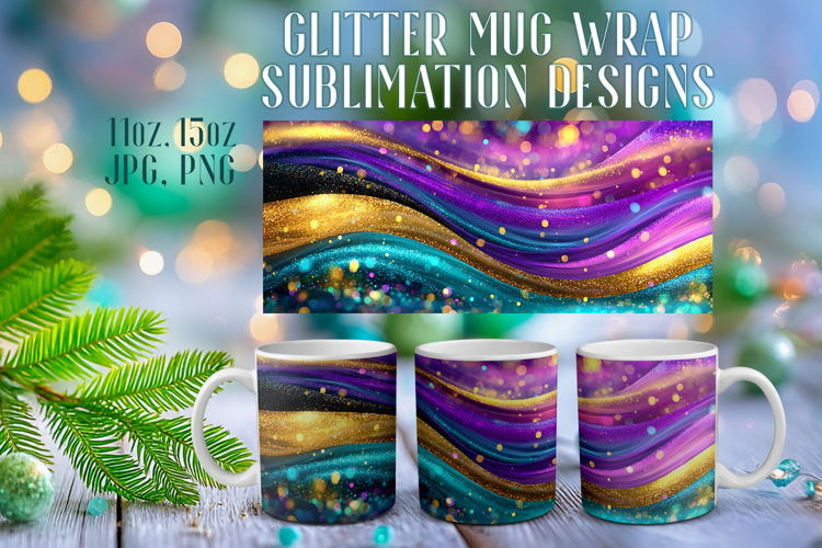 Glitter Mug Sublimation: Colorful Gold Waves Design Cup Wrap