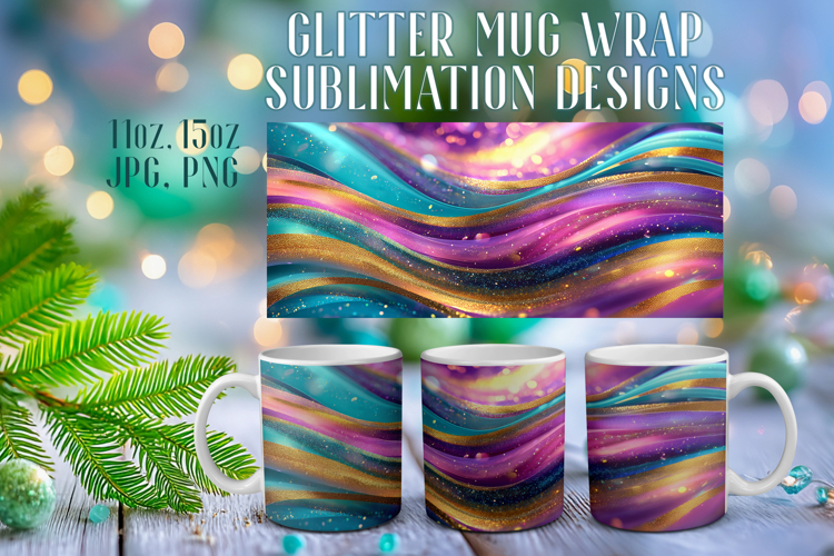 Glitter Mug Sublimation |Colorful Gold Waves Design Cup Wrap