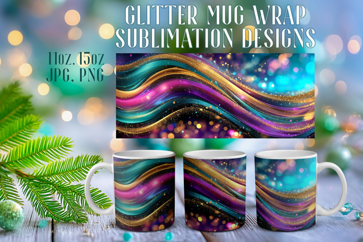 Glitter Mug Sublimation: Colorful Gold Waves Design Cup Wrap
