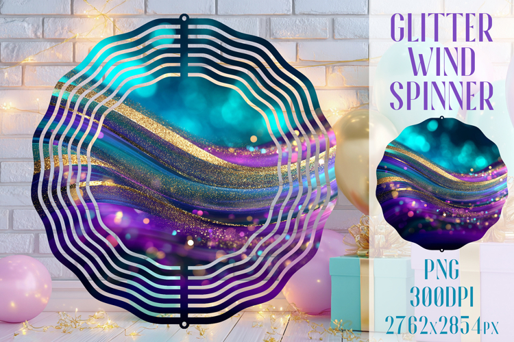 Glitter Wind Spinner Sublimation. Teal Violet Golden Waves