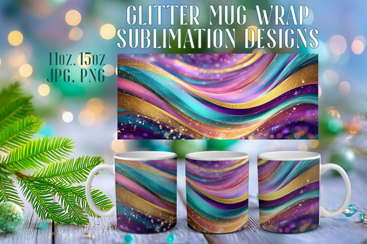 Glitter Mug Sublimation |Colorful Gold Waves Design Cup Wrap