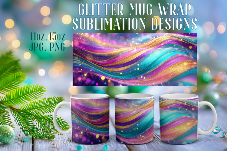 Glitter Mug Sublimation |Colorful Gold Waves Design Cup Wrap