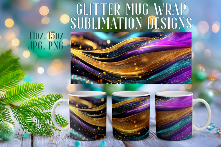 Glitter Mug Sublimation: Colorful Gold Waves Design Cup Wrap