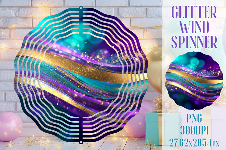 Glitter Wind Spinner Sublimation. Teal Violet Golden Waves
