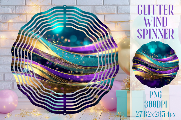 Glitter Wind Spinner Sublimation. Teal Violet Golden Waves