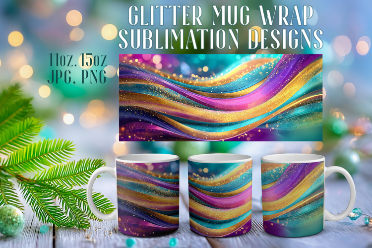Glitter Mug Sublimation |Colorful Gold Waves Design Cup Wrap