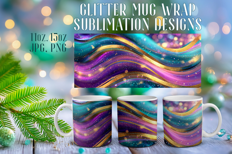 Glitter Mug Sublimation |Colorful Gold Waves Design Cup Wrap