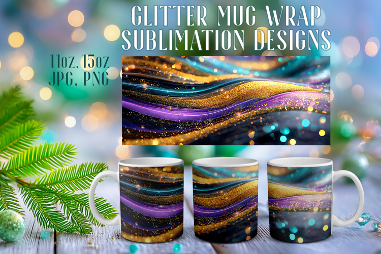 Glitter Mug Sublimation: Colorful Gold Waves Design Cup Wrap