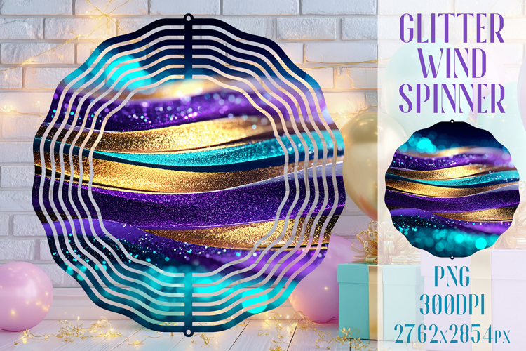 Glitter Wind Spinner Sublimation. Teal Violet Golden Waves