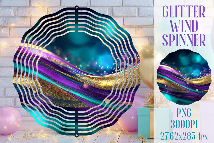 Glitter Wind Spinner Sublimation. Teal Violet Golden Waves example image 1