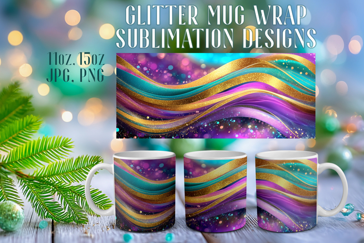 Glitter Mug Sublimation |Colorful Gold Waves Design Cup Wrap